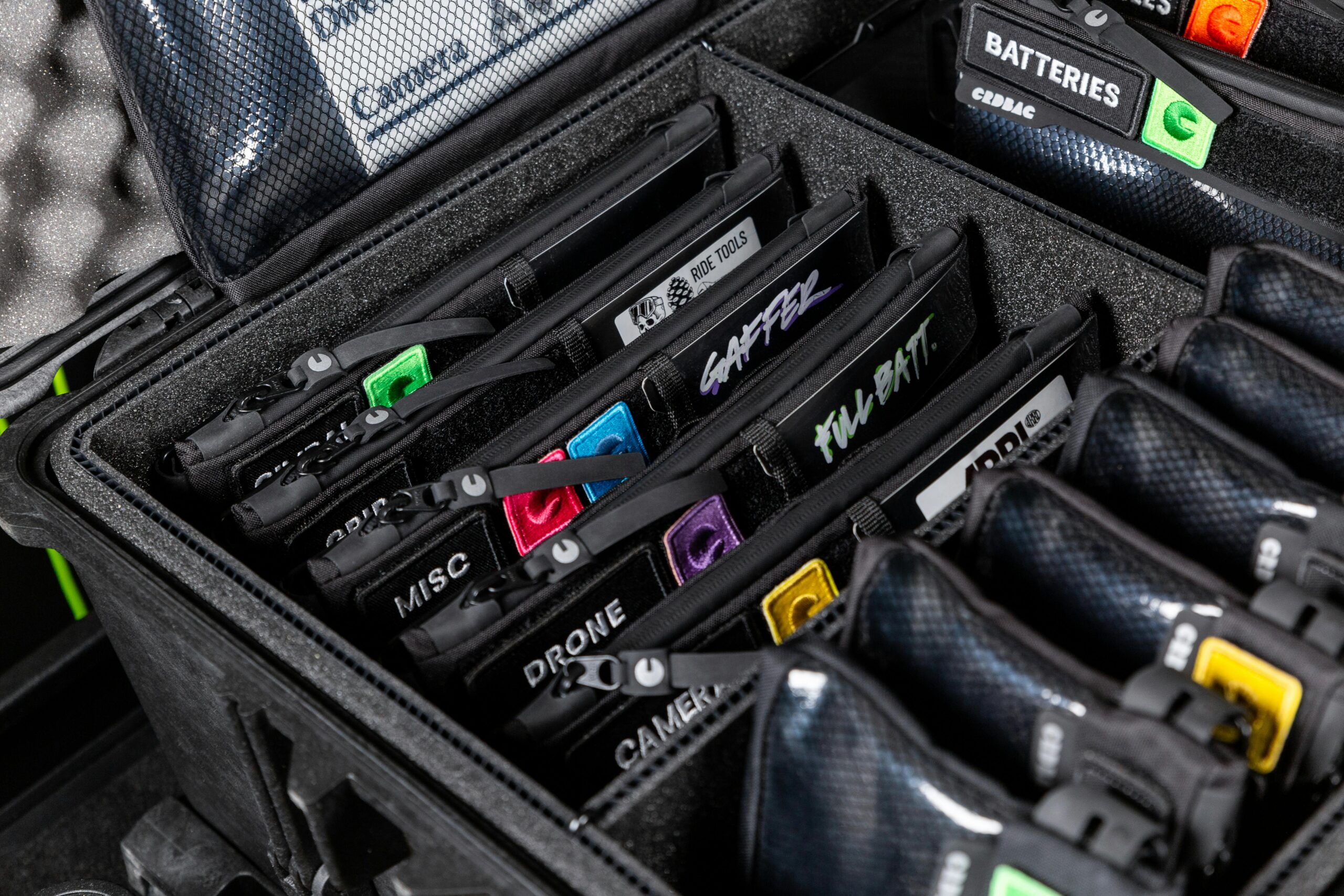 A detailed view of labeled gear compartments in a sturdy protective case, ideal for travel.